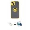 MARSİLYAN™- iPhone 14 Kılıf Yörünge Çizgi - Siyah 3D Antistatik Cam Ekran Koruyucu + Diamond Kamera Lens - SABE