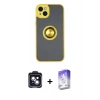 MARSİLYAN™- iPhone 14 Kılıf Yörünge Çizgi - Siyah Bilvis 5in1 3D Magic Cam Ekran Koruyucu + Siyah PVD Metal Kamera Lens