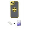 MARSİLYAN™- iPhone 14 Kılıf Yörünge Çizgi - Siyah Bilvis 5in1 5D Magic Hayalet Cam Ekran Koruyucu + Diamond Kamera Lens - SABE