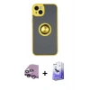 MARSİLYAN™- iPhone 14 Kılıf Yörünge Çizgi - Siyah Bilvis 5in1 5D Magic Hayalet Cam Ekran Koruyucu + Mor Raze Metal Kamera Lens