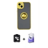 MARSİLYAN™- iPhone 14 Kılıf Yörünge Çizgi - Siyah Bilvis 5in1 5D Magic Hayalet Cam Ekran Koruyucu + PVD Metal Kamera Lens - GS