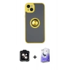 MARSİLYAN™- iPhone 14 Kılıf Yörünge Çizgi - Siyah Bilvis 5in1 5D Magic Hayalet Cam Ekran Koruyucu + PVD Metal Kamera Lens - TU