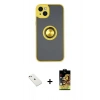 MARSİLYAN™- iPhone 14 Kılıf Yörünge Çizgi - Siyah Buffer Cam Ekran Koruyucu + Diamond Kamera Lens - PE