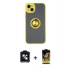 MARSİLYAN™- iPhone 14 Kılıf Yörünge Çizgi - Siyah Buffer Cam Ekran Koruyucu + PVD Metal Kamera Lens - MI