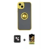 MARSİLYAN™- iPhone 14 Kılıf Yörünge Çizgi - Siyah Buffer Cam Ekran Koruyucu + PVD Metal Kamera Lens - PE