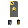 MARSİLYAN™- iPhone 14 Kılıf Yörünge Çizgi - Siyah Buffer Cam Ekran Koruyucu + PVD Metal Kamera Lens - SH
