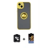 MARSİLYAN™- iPhone 14 Kılıf Yörünge Çizgi - Siyah Buffer Hayalet Cam Ekran Koruyucu + PVD Metal Kamera Lens - GS
