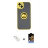 MARSİLYAN™- iPhone 14 Kılıf Yörünge Çizgi - Siyah Buffer Hayalet Cam Ekran Koruyucu + Kırmızı Diamond Kamera Lens
