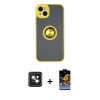 MARSİLYAN™- iPhone 14 Kılıf Yörünge Çizgi - Siyah Buffer Hayalet Cam Ekran Koruyucu + PVD Metal Kamera Lens - PE