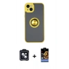 MARSİLYAN™- iPhone 14 Kılıf Yörünge Çizgi - Siyah Buffer Hayalet Cam Ekran Koruyucu + PVD Metal Kamera Lens - SH