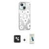 MARSİLYAN™- iPhone 14 Kılıf Yörünge Işık Prime - Şeffaf Pasifik Cam Ekran Koruyucu + PVD Metal Kamera Lens - PE