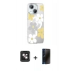 MARSİLYAN™- iPhone 14 Kılıf Yörünge Işık Prime - Siyah 3D Antistatik Hayalet Cam Ekran Koruyucu + PVD Metal Kamera Lens - PE