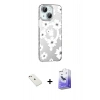 MARSİLYAN™- iPhone 14 Kılıf Yörünge Işık Prime - Siyah Bilvis 5in1 5D Magic Hayalet Cam Ekran Koruyucu + Diamond Kamera Lens - PE