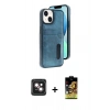 MARSİLYAN™- iPhone 14 Kılıf Yörünge Işık Serisi - Siyah Buffer Cam Ekran Koruyucu + PVD Metal Kamera Lens - PE