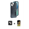 MARSİLYAN™- iPhone 14 Kılıf Yörünge Işık Serisi - Siyah Buffer Cam Ekran Koruyucu + PVD Metal Kamera Lens - PE