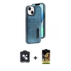 MARSİLYAN™- iPhone 14 Kılıf Yörünge Işık Serisi - Siyah Buffer Cam Ekran Koruyucu + PVD Metal Kamera Lens - SH