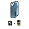 MARSİLYAN™- iPhone 14 Kılıf Yörünge Işık Serisi - Siyah Buffer Cam Ekran Koruyucu + PVD Metal Kamera Lens - YL