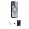 MARSİLYAN™- iPhone 14 Kılıf Zirve Doku Prime - Siyah 3D Antistatik Hayalet Cam Ekran Koruyucu + Diamond Kamera Lens - KI