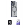 MARSİLYAN™- iPhone 14 Kılıf Zirve Doku Prime - Siyah Bilvis 5in1 5D Magic Hayalet Cam Ekran Koruyucu + PVD Metal Kamera Lens - GS