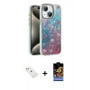 MARSİLYAN™- iPhone 14 Kılıf Zirve Modern Prime - Siyah Buffer Hayalet Cam Ekran Koruyucu + Pembe Diamond Kamera Lens