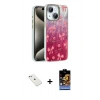 MARSİLYAN™- iPhone 14 Kılıf Zirve Modern Prime - Siyah Buffer Hayalet Cam Ekran Koruyucu + Pembe Diamond Kamera Lens