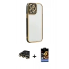 MARSİLYAN™- iPhone 14 Pro Kılıf Çekirdek Klasik Serisi - Siyah Buffer Hayalet Cam Ekran Koruyucu + Gold Raze Metal Kamera Lens
