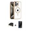 MARSİLYAN™- iPhone 14 Pro Kılıf Eksen Form Koleksiyonu - Siyah 3D Antistatik Hayalet Cam Ekran Koruyucu + Raze Metal Kamera Lens - GD