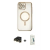 MARSİLYAN™- iPhone 14 Pro Kılıf Nova Işık Özel Seri - Şeffaf Pasifik Cam Ekran Koruyucu + Gold Raze Metal Kamera Lens