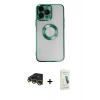 MARSİLYAN™- iPhone 14 Pro Kılıf Pusula Form - Şeffaf Pasifik Cam Ekran Koruyucu + Raze Metal Kamera Lens - GD