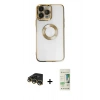 MARSİLYAN™- iPhone 14 Pro Kılıf Pusula Form - Siyah 20D Premium Cam Ekran Koruyucu + Gold Raze Metal Kamera Lens