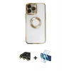MARSİLYAN™- iPhone 14 Pro Kılıf Pusula Form - Siyah 3D Antistatik Cam Ekran Koruyucu + Raze Metal Kamera Lens - GD