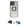 MARSİLYAN™- iPhone 14 Pro Kılıf Pusula Form - Siyah 3D Antistatik Cam Ekran Koruyucu + Raze Metal Kamera Lens - GD