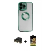 MARSİLYAN™- iPhone 14 Pro Kılıf Pusula Form - Siyah Buffer Cam Ekran Koruyucu + Raze Metal Kamera Lens - GD