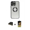 MARSİLYAN™- iPhone 14 Pro Kılıf Pusula Form - Siyah Buffer Cam Ekran Koruyucu + Raze Metal Kamera Lens - GD