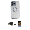 MARSİLYAN™- iPhone 14 Pro Kılıf Pusula Form - Siyah Buffer Hayalet Cam Ekran Koruyucu + Gold Raze Metal Kamera Lens