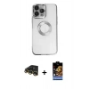 MARSİLYAN™- iPhone 14 Pro Kılıf Pusula Form - Siyah Buffer Hayalet Cam Ekran Koruyucu + Gold Raze Metal Kamera Lens