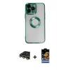 MARSİLYAN™- iPhone 14 Pro Kılıf Pusula Form - Siyah Buffer Hayalet Cam Ekran Koruyucu + Gold Raze Metal Kamera Lens