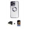MARSİLYAN™- iPhone 14 Pro Kılıf Pusula Form - Siyah Buffer Hayalet Cam Ekran Koruyucu + Gold Raze Metal Kamera Lens