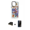 MARSİLYAN™- iPhone 14 Pro Kılıf Siluet Çizgi Koleksiyonu - Siyah 3D Antistatik Hayalet Cam Ekran Koruyucu + Raze Metal Kamera Lens - GD