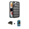 MARSİLYAN™- iPhone 14 Pro Kılıf Yadigar Doku Özel Seri - Siyah 18D Cam Ekran Koruyucu + Raze Metal Kamera Lens - GD
