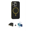 MARSİLYAN™- iPhone 14 Pro Max Kılıf Ahenk Form Serisi - Siyah 3D Antistatik Cam Ekran Koruyucu + Gold Raze Metal Kamera Lens