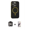 MARSİLYAN™- iPhone 14 Pro Max Kılıf Ahenk Form Serisi - Siyah Bilvis 3D Mat Cam Ekran Koruyucu + Turuncu PVD Metal Kamera Lens