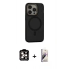 MARSİLYAN™- iPhone 14 Pro Max Kılıf Ahenk Form Serisi - Siyah Bilvis 3D Mat Cam Ekran Koruyucu + Turuncu PVD Metal Kamera Lens