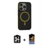 MARSİLYAN™- iPhone 14 Pro Max Kılıf Ahenk Form Serisi - Siyah Buffer Hayalet Cam Ekran Koruyucu + PVD Metal Kamera Lens - TU