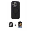 MARSİLYAN™- iPhone 14 Pro Max Kılıf Ahenk Form Serisi - Siyah Buffer Hayalet Cam Ekran Koruyucu + PVD Metal Kamera Lens - TU