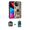 MARSİLYAN™- iPhone 14 Pro Max Kılıf Ahenk Klasik Koleksiyonu - Siyah 18D Cam Ekran Koruyucu + Turuncu PVD Metal Kamera Lens