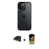 MARSİLYAN™- iPhone 14 Pro Max Kılıf Akış Çizgi Koleksiyonu - Siyah Buffer Cam Ekran Koruyucu + Raze Metal Kamera Lens - GS