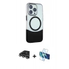 MARSİLYAN™- iPhone 14 Pro Max Kılıf Çekirdek Asil Özel Seri - Siyah 3D Antistatik Cam Ekran Koruyucu + Gümüş Raze Metal Kamera Lens