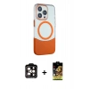 MARSİLYAN™- iPhone 14 Pro Max Kılıf Çekirdek Asil Özel Seri - Siyah Buffer Cam Ekran Koruyucu + Turuncu PVD Metal Kamera Lens