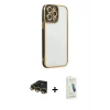 MARSİLYAN™- iPhone 14 Pro Max Kılıf Çekirdek Klasik Serisi - Şeffaf Pasifik Cam Ekran Koruyucu + Raze Metal Kamera Lens - GD